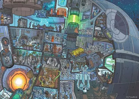 Image shows the artwork for the completed puzzle. It is a look into the Death Star with all characters in miniature.
