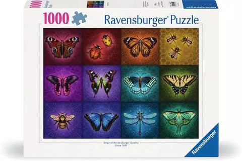 Image shows a box for a 1000 piece puzzle. It has various winged bugs on a rainbow colored background.