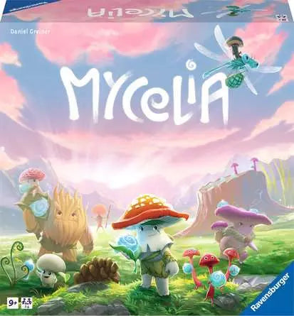 Image shows the box for the board game Mycelia. It is pastel and has several types of mushrooms at the bottom.