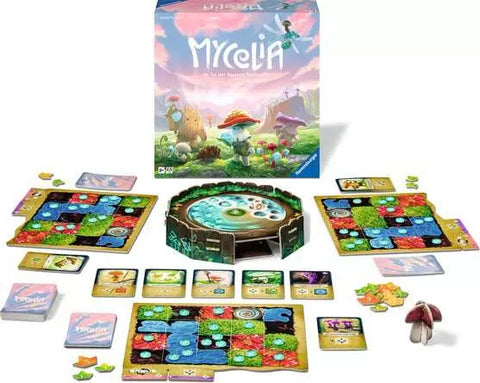 Image shows the board game Mycelia spread out in front of the box