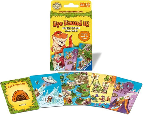 Image shows the Dinosaur Eye Found It game packaging with the cards laid out in front of it. 
