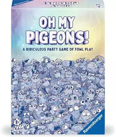 Image shows the box for Oh My Pigeons! It has a pastel-colored sky and many cartoon pigeons.