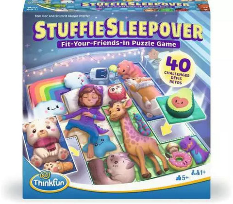Image shows the box for the board game Stuffie Sleepover. It shows a young girl in bed surrounded by stuffies.