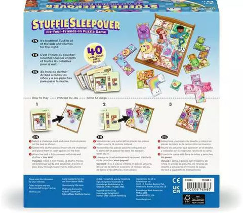 Image shows the back of the box for Stuffie Sleepover. It offers brief instructions for the game.
