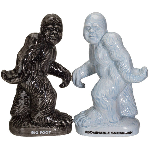 Image shows a ceramic Bigfoot pepper shaker and a ceramic Yeti salt shaker.