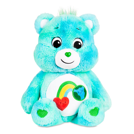 Image shows a light blue and green tie dyed Care Bear with a heart and planet earth on its belly, connected by a rainbow