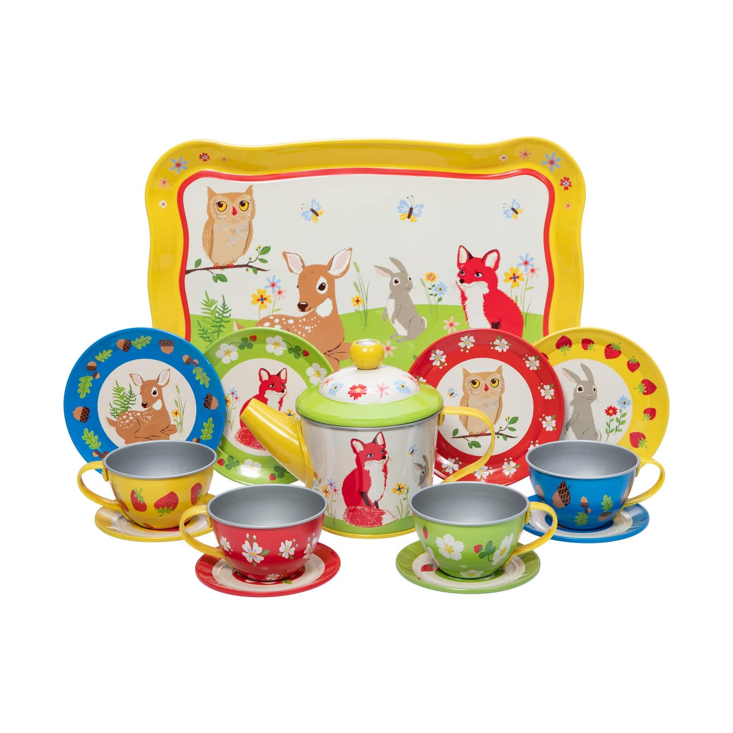 Image shows a child's tea set decorated with forest animals such as foxes, owls, and deer.