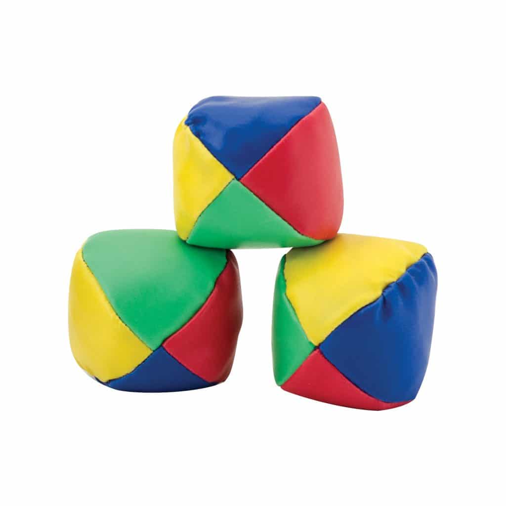 Image shows three multi-colored juggling balls stacked in a pyramid