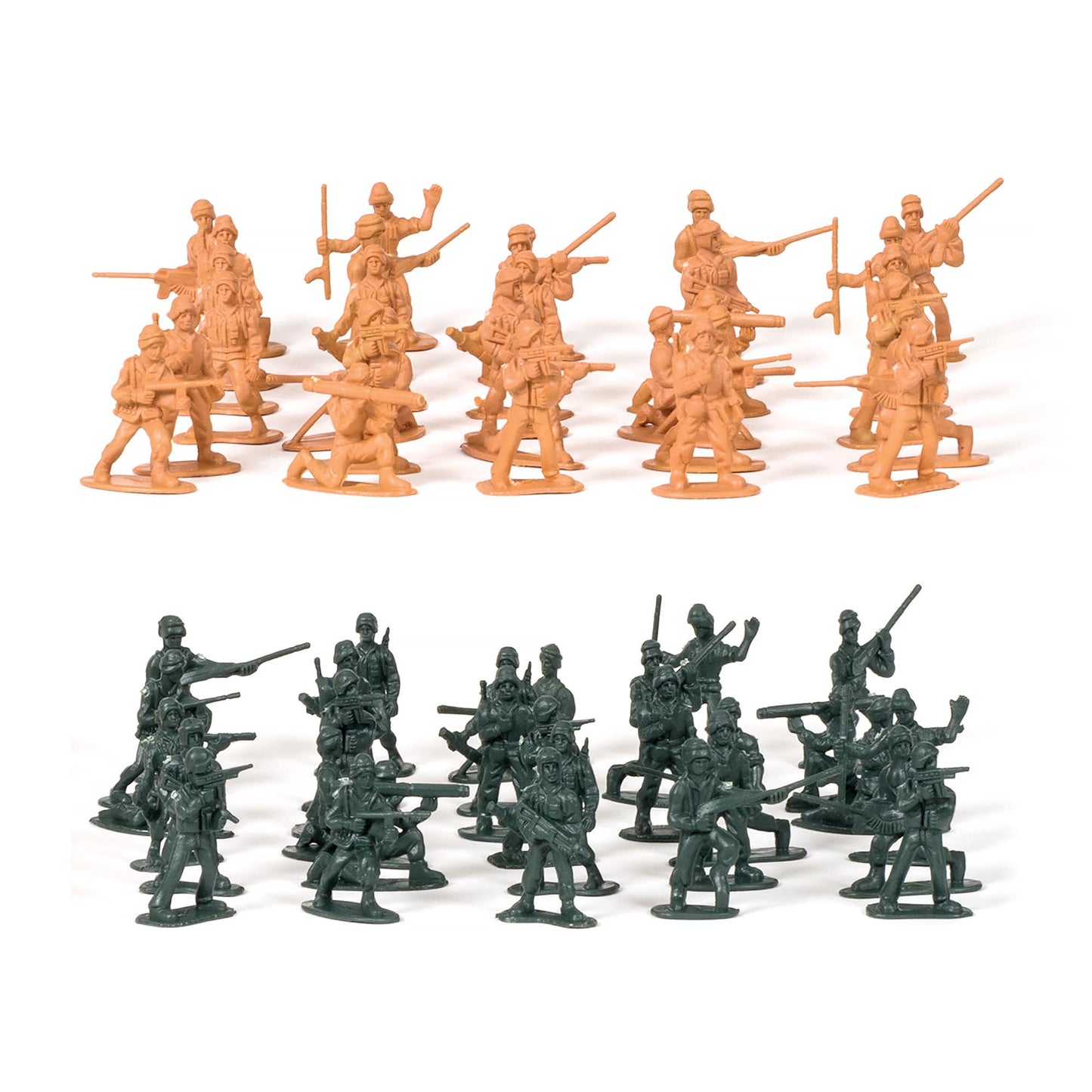 Image shows two armies of toy soldiers - one tan and one green.