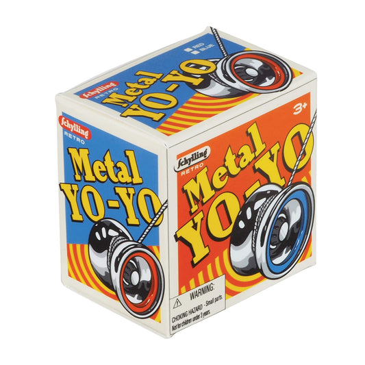 Image shows a box displaying a metal yo-yo