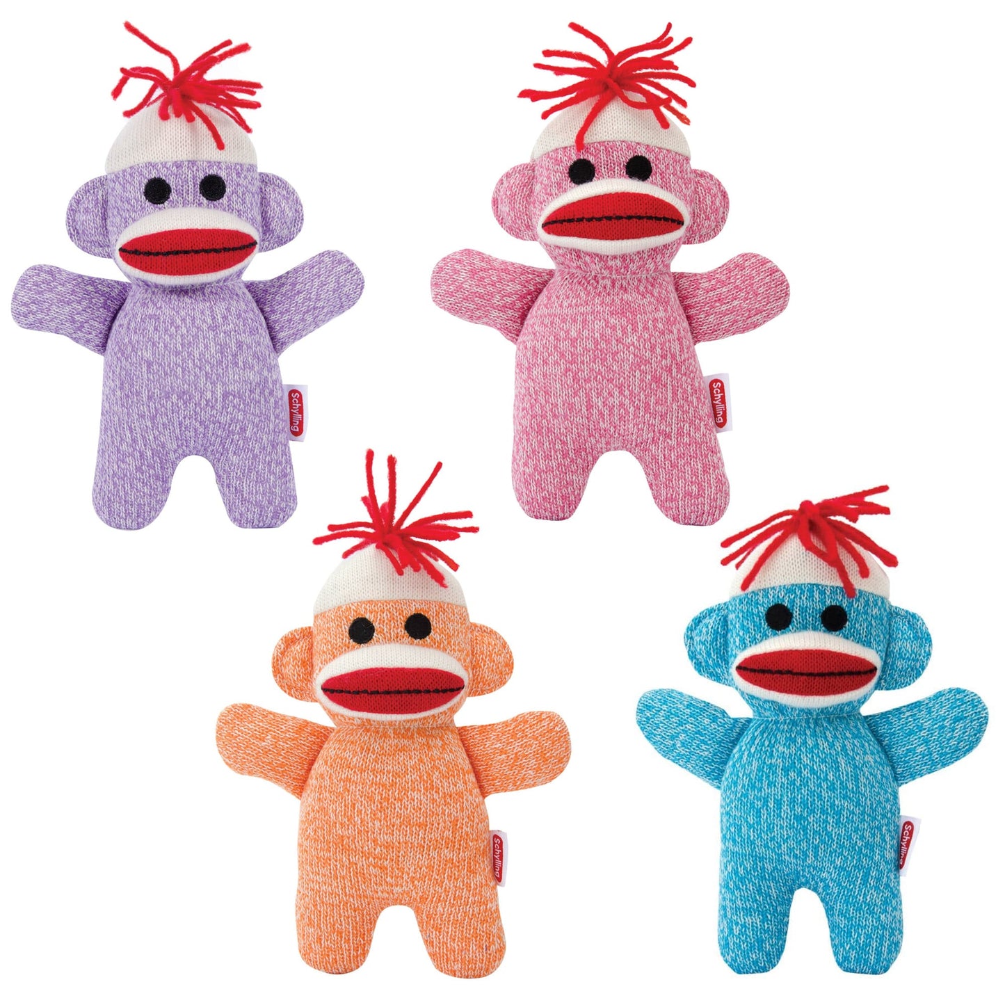 Image shows four small sock monkies. One each of purple, pink, orange, and blue.