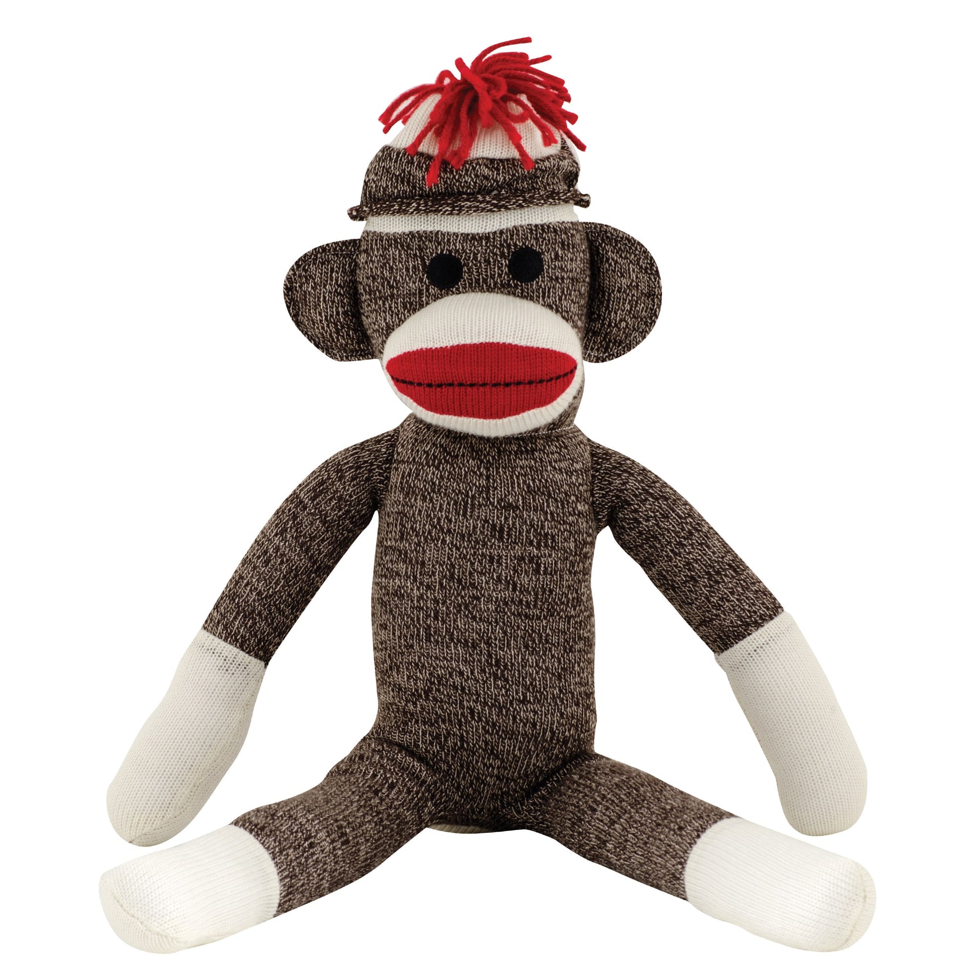 Image shows a stuffed animal Sock Monkey. He is brown with white socks on his hands and feet, and a hat with red yarn on top.