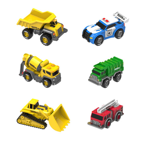 Image shows three miniature construction vehicles and three miniature rescue vehicles