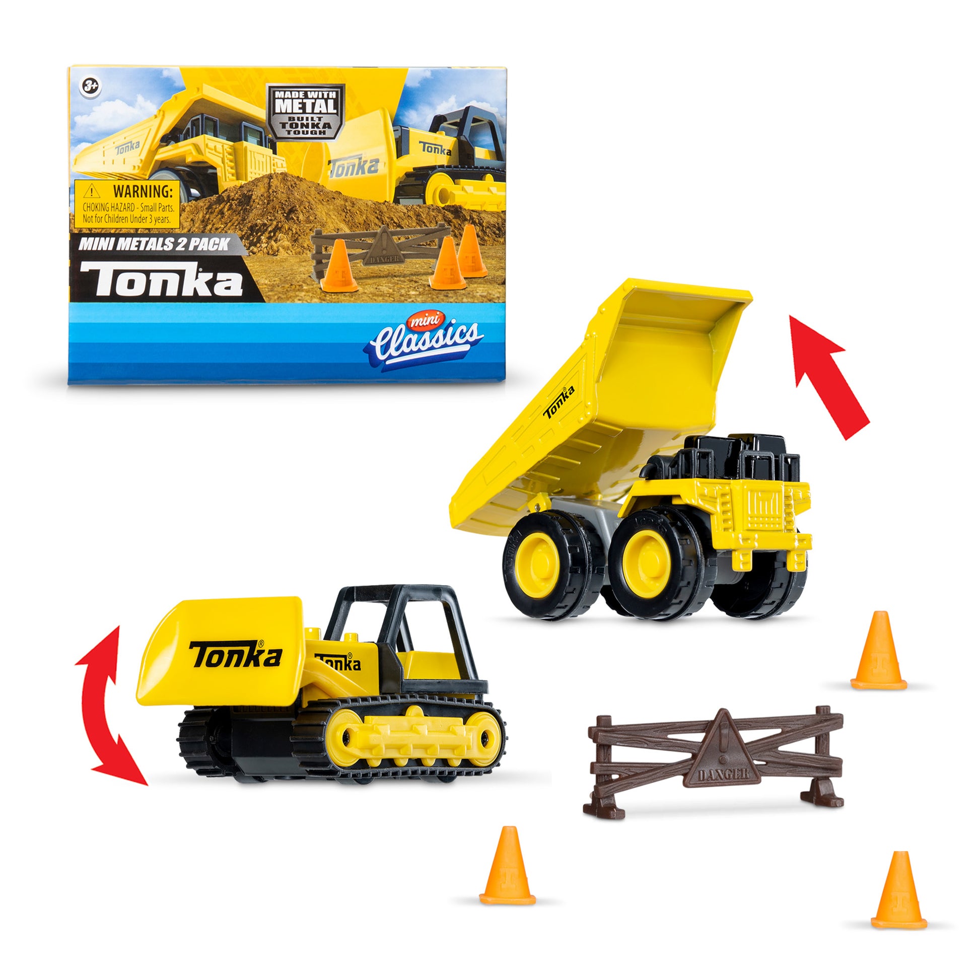 Image shows a miniature dump truck and bulldozer, with arrows showing how the toys move.