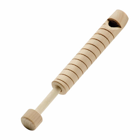 Image shows a wooden whistle with a wooden slide