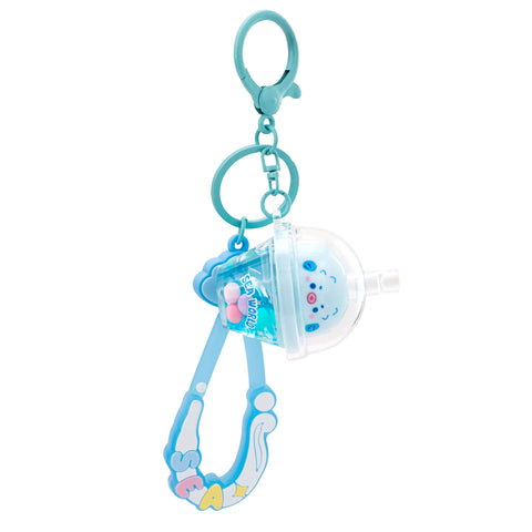 Image shows a keychain with a boba cup. It says "sea world" on the cup and has a sea critter in the lid. It is blue.