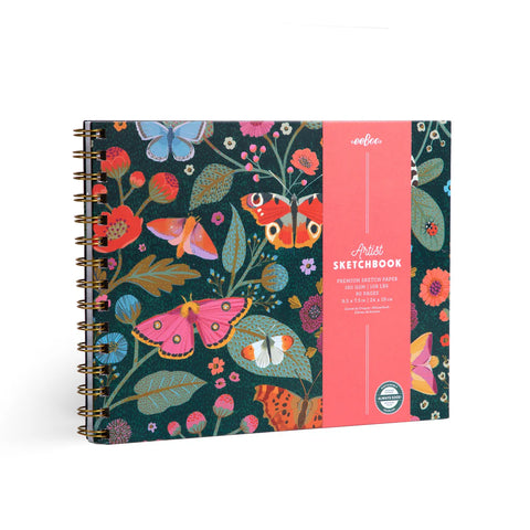 Image shows the cover for a hardcover sketchbook. It has various flowers, leaves, and moths.