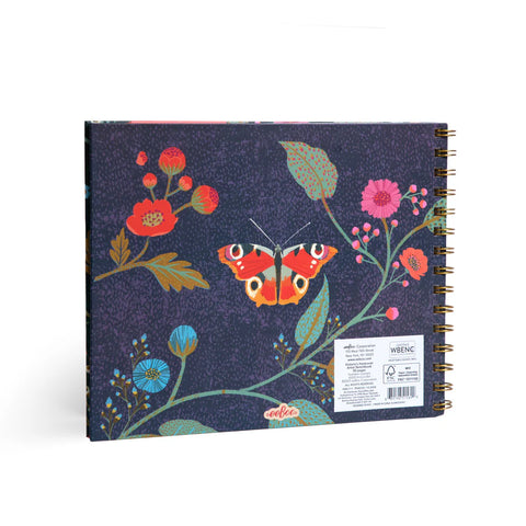 Image shows the back of the sketchbook. It features several flowers, leaves, and a single moth.