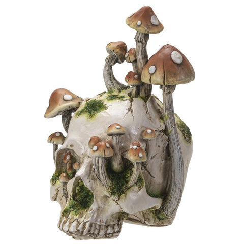 Image shows a side angle view of the skull with moss and mushrooms growing out of it