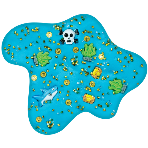 Image shows a blue butter slime with seaweed, shark, treasure box, and pirate skull shapes.