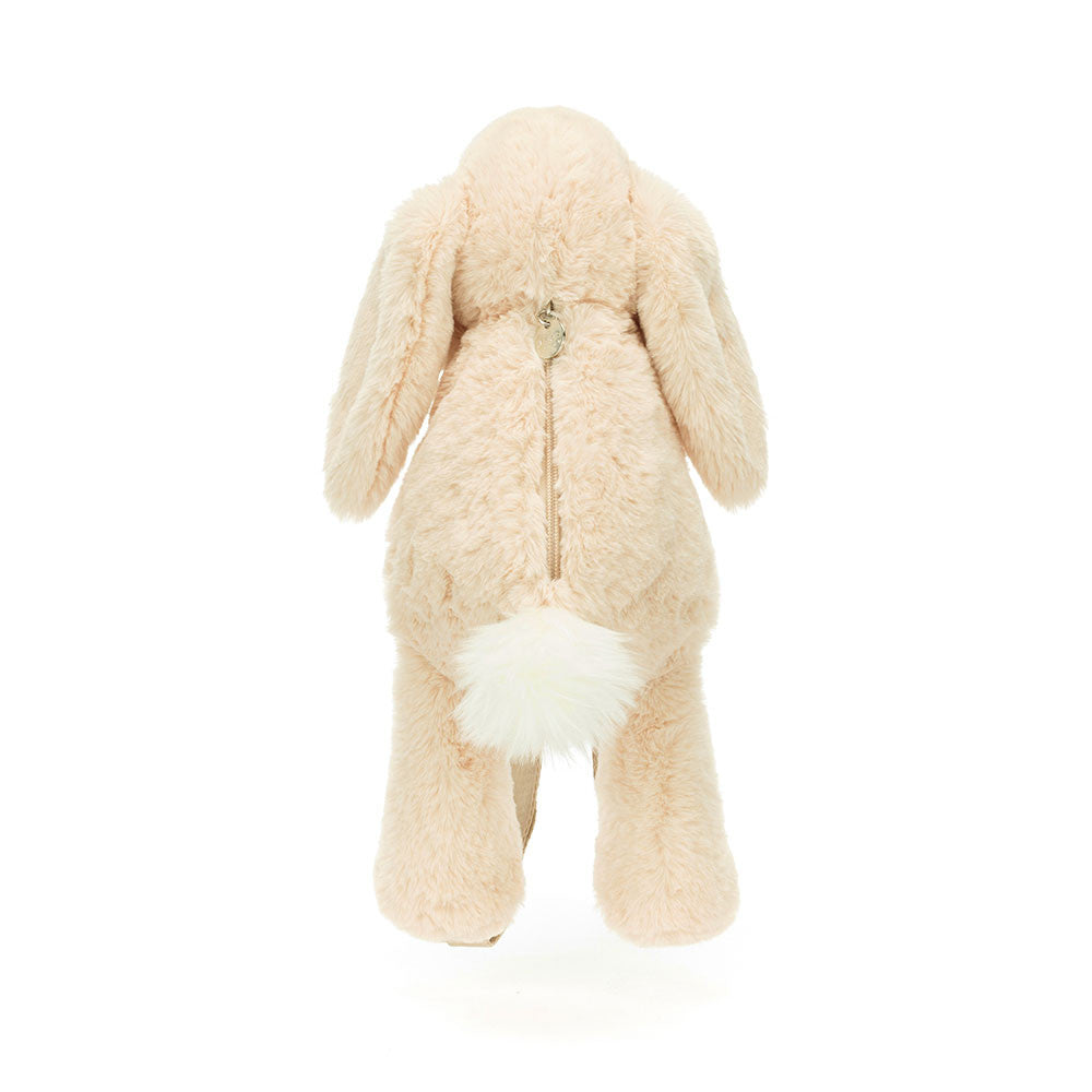 Stuffed oatmeal colored rabbit backpack back view