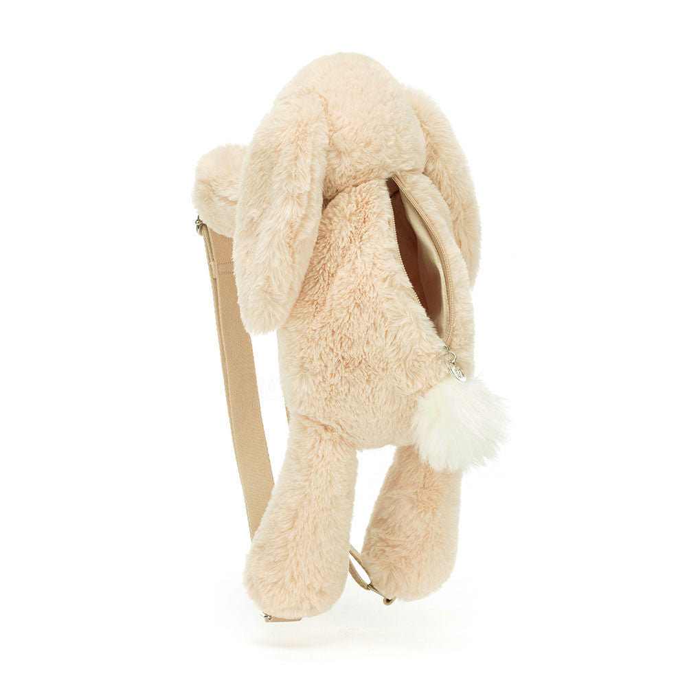 Stuffed oatmeal colored rabbit backpack with zipper open