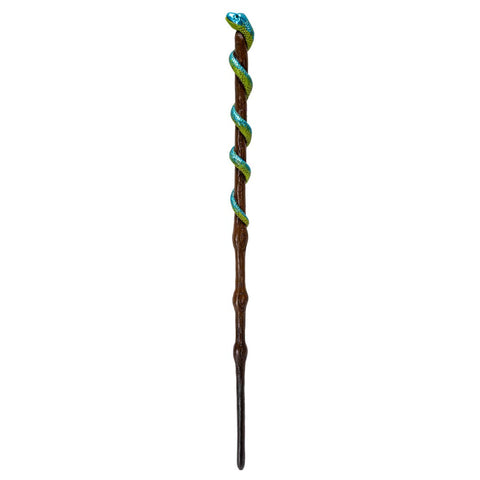 Image shows a brown magic wand with a blue-green snake winding its way down the wand