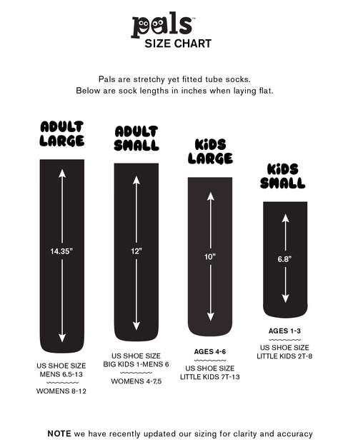 Image shows a size chart. Adult small fits women's size 4-7.5 and large fits women's size 8-12.