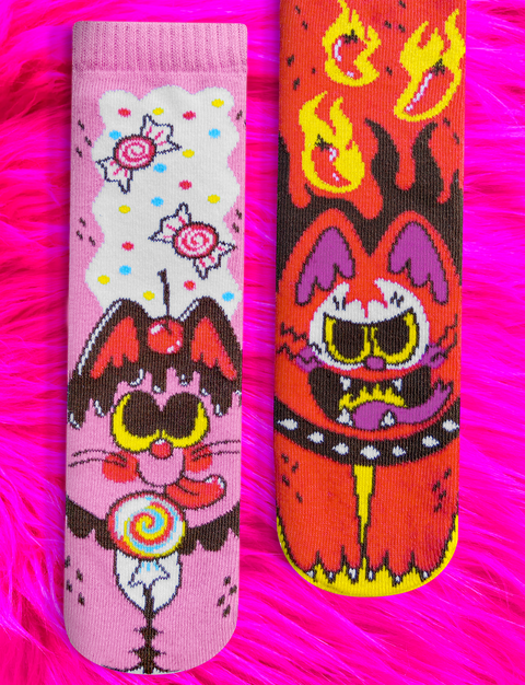 Image shows a pair of cat socks. One is pink with a sweet kitty; the other is red with a spicy kitty.