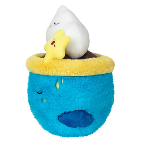 A side view of the blue plush coffee cup