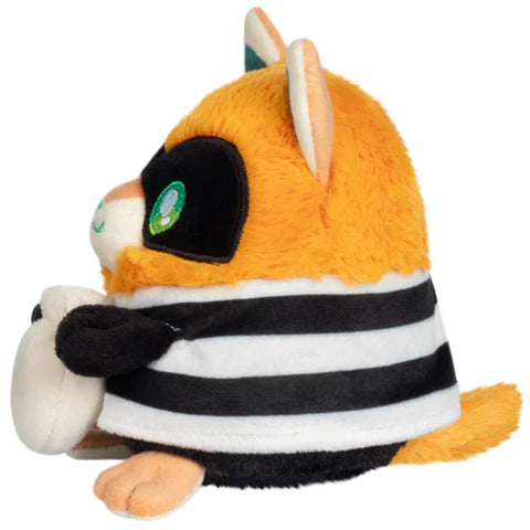 A side view of the plush burglar kitty
