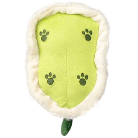 A bottom-up view of the plush ghost kitty. The bottom is lime green with dark green paw prints embroidered in.