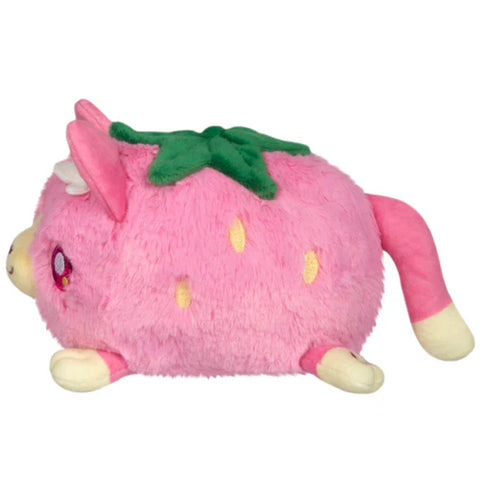 Side view of the plush strawberry kitty. It has yellow "seeds" emboridered in the side.