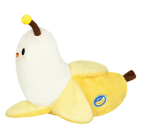 Side view of the plush slug in a banana peel