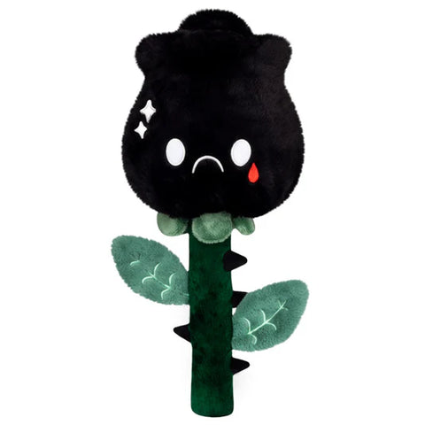 Image shows a stuffed black rose with a black stem, a frowning face, and a red teardrop.