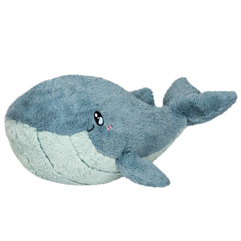 A plush toy resembling a blue whale with a gray underbelly, displaying soft, plush fabric and a friendly facial expression.