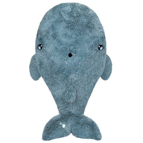A top-down view of the plush blue whale