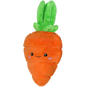 A plush carrot with a happy face and pink cheek dots