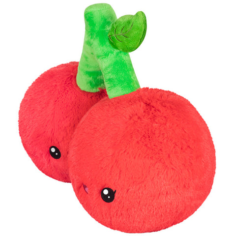 A side view of the plush cherries