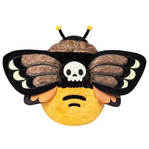 A plush toy resembling a Death's Head Hawkmoth with black and brown wings, a skull pattern on the back, and a yellow body.