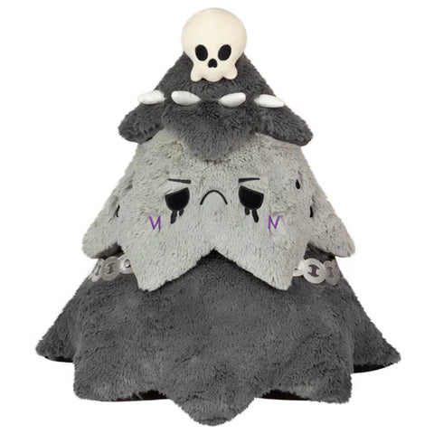 Image shows a stuffed goth-themed Christmas tree. It is black and grey with a frowning face, spikes, and a skull on top.