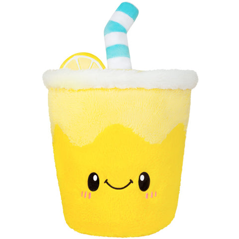 A plush cup of lemonade with a happy face and a blue and white straw.