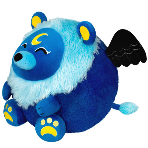 A side view of the lunar lion. Its body is round, and it has black wings.