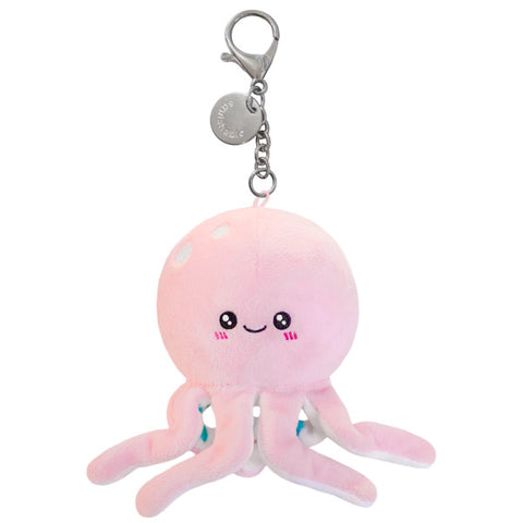 Image shows a pink stuffed octopus hanging from a silver clip keychain