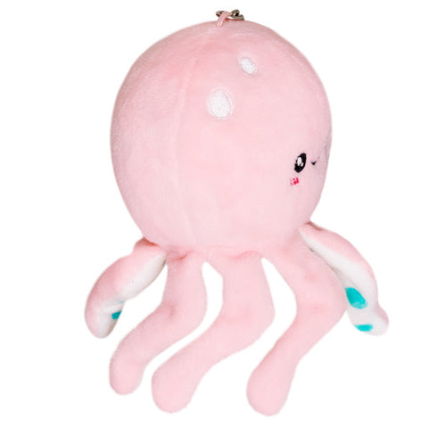 Image shows a side view of the stuffed octopus keychain