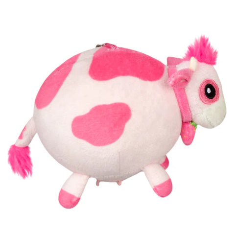 Image shows a side view of the stuffed pink cow keychain