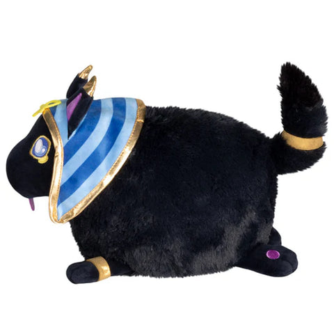 Image shows a side view of the stuffed Anubis, emphasizing its round body.