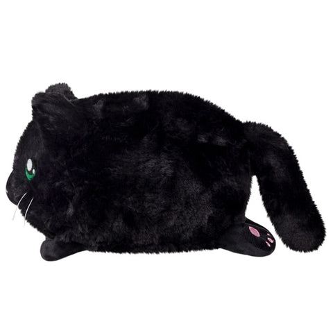 A side view of the plush black kitty. Its body is very round.