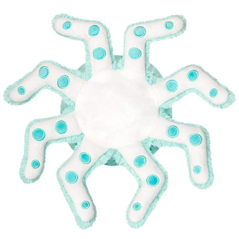 Image shows a bottom view of the mint stuffed octopus. It is white with mint suction cups
