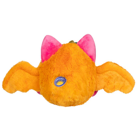 Image shows a back view of the stuffed "fruit bat", with an embroidered "organic" sticker on its back